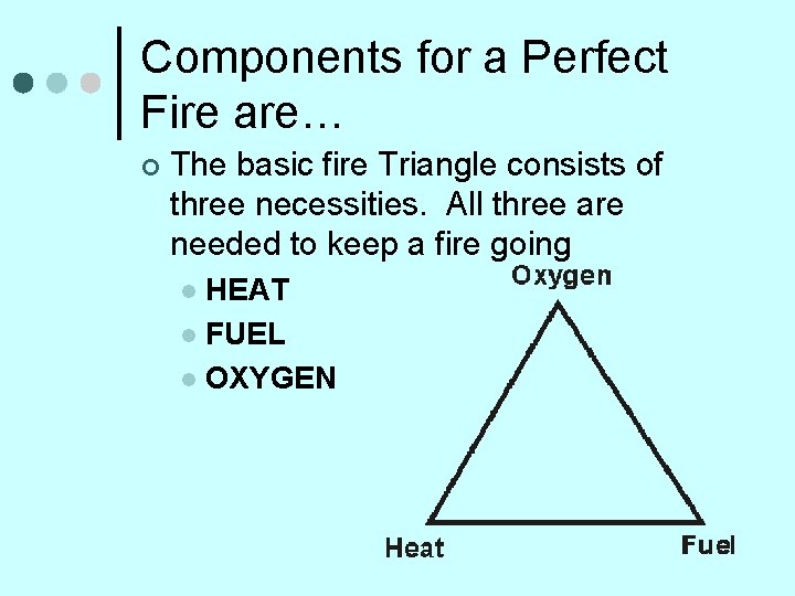 Components for a Perfect Fire are… ¢ The basic fire Triangle consists of three