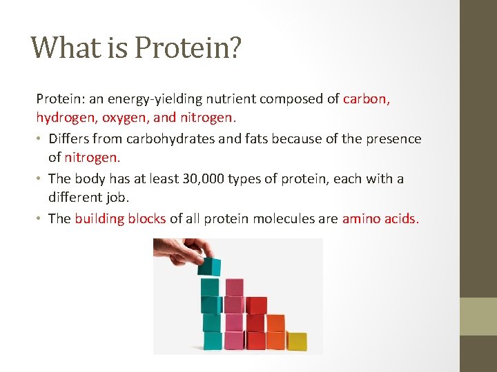 What is Protein? Protein: an energy-yielding nutrient composed of carbon, hydrogen, oxygen, and nitrogen.