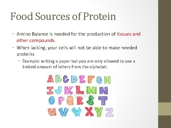Food Sources of Protein • Amino Balance is needed for the production of tissues