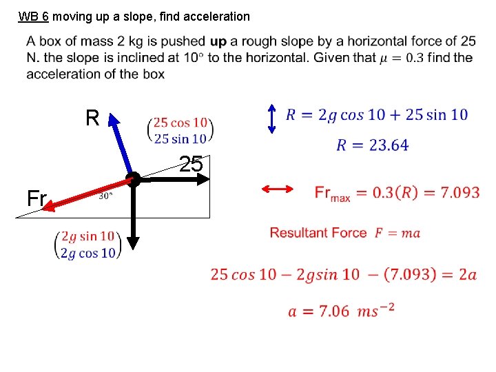 WB 6 moving up a slope, find acceleration R 25 Fr 