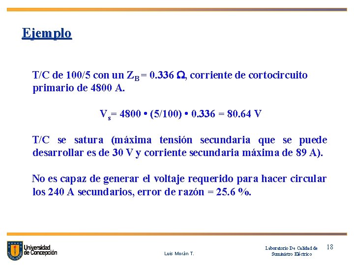 Ejemplo T/C de 100/5 con un ZB = 0. 336 W, corriente de cortocircuito