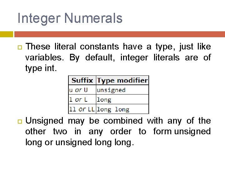 Integer Numerals These literal constants have a type, just like variables. By default, integer Integer Numerals These literal constants have a type, just like variables. By default, integer