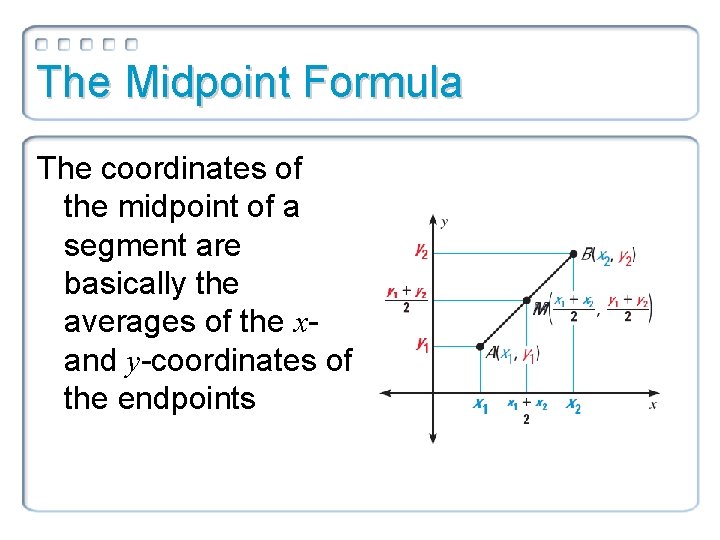 The Midpoint Formula The coordinates of the midpoint of a segment are basically the
