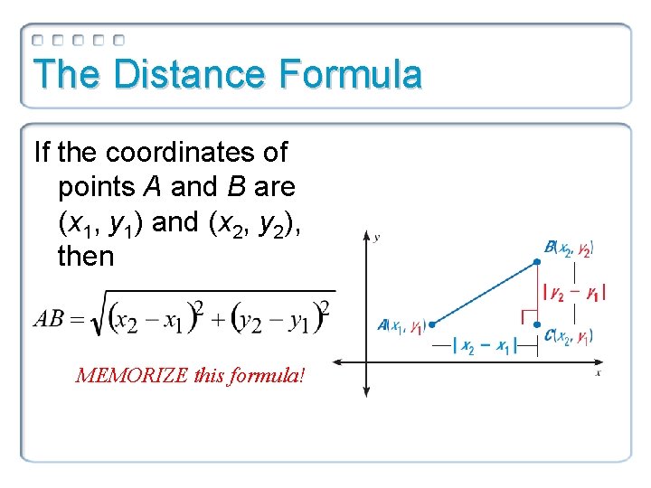 The Distance Formula If the coordinates of points A and B are (x 1,