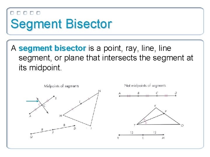 Segment Bisector A segment bisector is a point, ray, line segment, or plane that