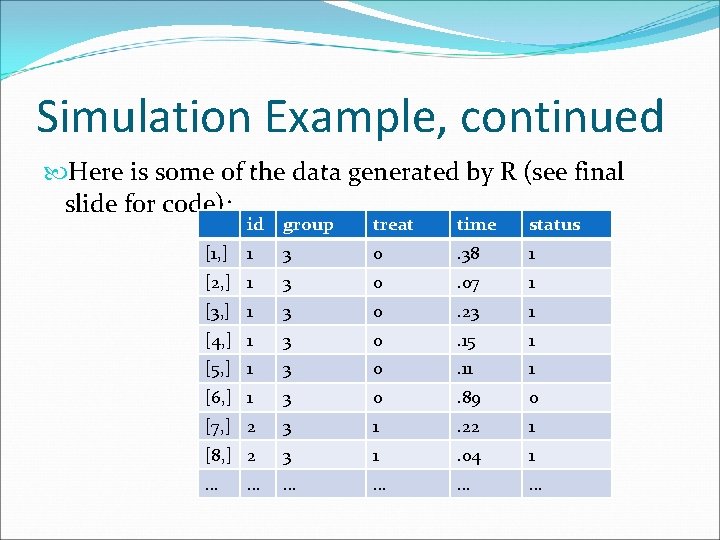 Simulation Example, continued Here is some of the data generated by R (see final