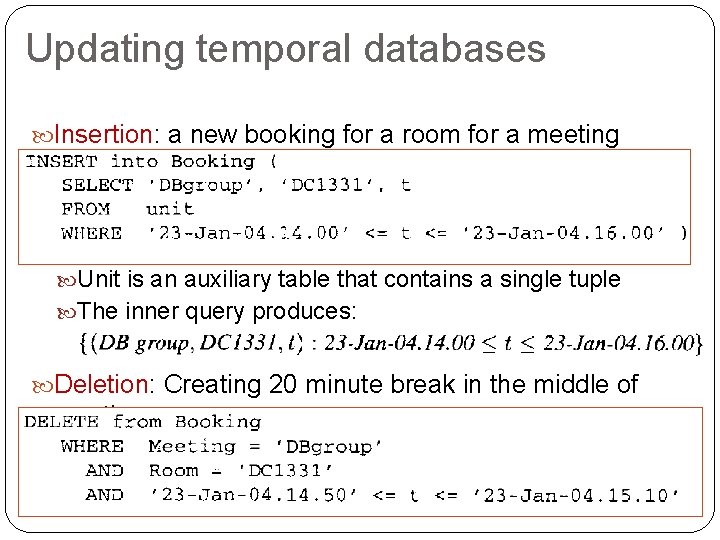 Updating temporal databases Insertion: a new booking for a room for a meeting Unit