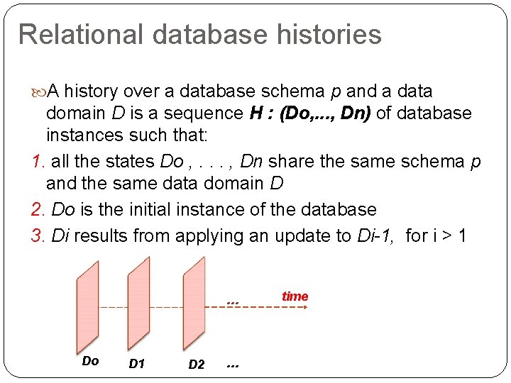Relational database histories A history over a database schema p and a data domain