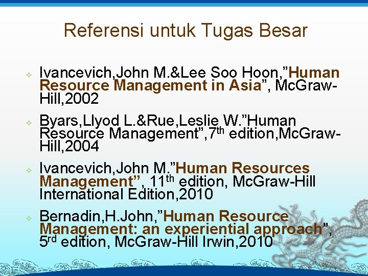 Referensi untuk Tugas Besar Ivancevich, John M. &Lee Soo Hoon, ”Human Resource Management in