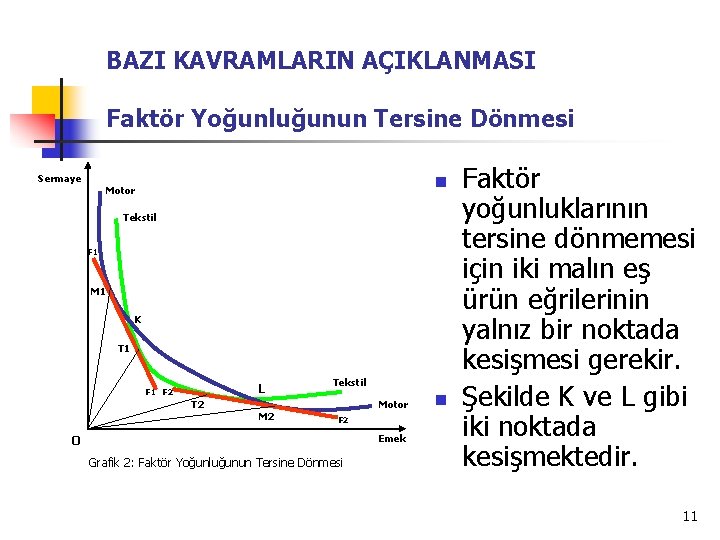 BAZI KAVRAMLARIN AÇIKLANMASI Faktör Yoğunluğunun Tersine Dönmesi Sermaye n Motor Tekstil F 1 M