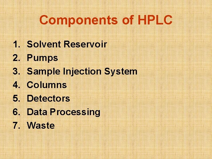 Components of HPLC 1. 2. 3. 4. 5. 6. 7. Solvent Reservoir Pumps Sample