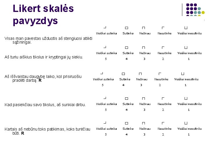 Likert skalės pavyzdys Visas man pavestas užduotis aš stengiuosi atlikti sąžiningai. Aš turiu aiškius