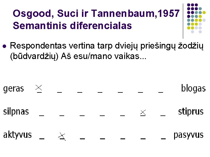 Osgood, Suci ir Tannenbaum, 1957 Semantinis diferencialas l Respondentas vertina tarp dviejų priešingų žodžių