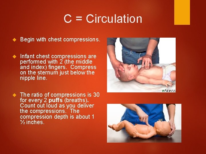 C = Circulation Begin with chest compressions. Infant chest compressions are performed with 2