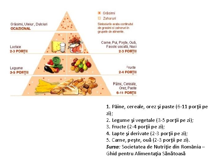 1. Pâine, cereale, orez şi paste (6 -11 porţii pe zi); 2. Legume şi