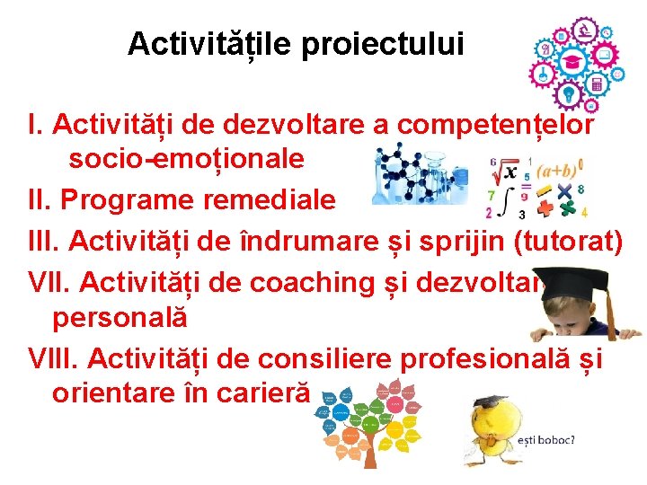 Activitățile proiectului I. Activități de dezvoltare a competențelor socio-emoționale II. Programe remediale III. Activități