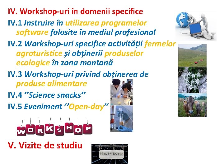 IV. Workshop-uri în domenii specifice IV. 1 Instruire în utilizarea programelor software folosite în