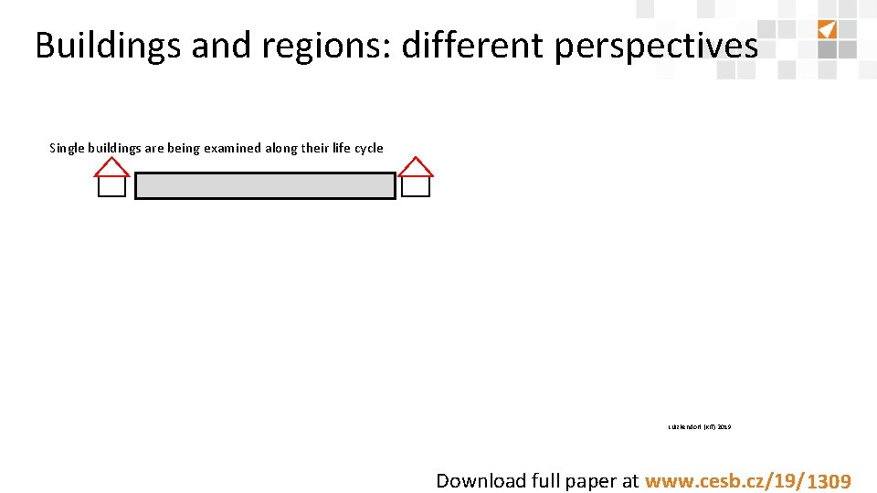Buildings and regions: different perspectives Single buildings are being examined along their life cycle