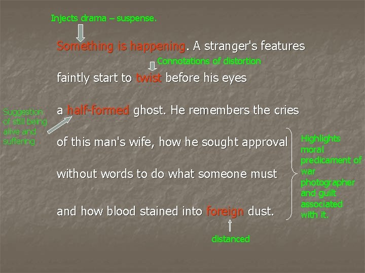 Injects drama – suspense. Something is happening. A stranger's features Connotations of distortion faintly