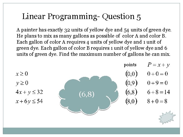 Linear Programming- Question 5 A painter has exactly 32 units of yellow dye and