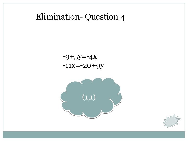 Elimination- Question 4 -9+5 y=-4 x -11 x=-20+9 y (1, 1) 