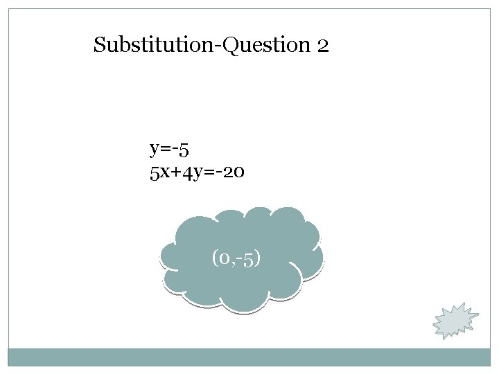 Substitution-Question 2 y=-5 5 x+4 y=-20 (0, -5) 