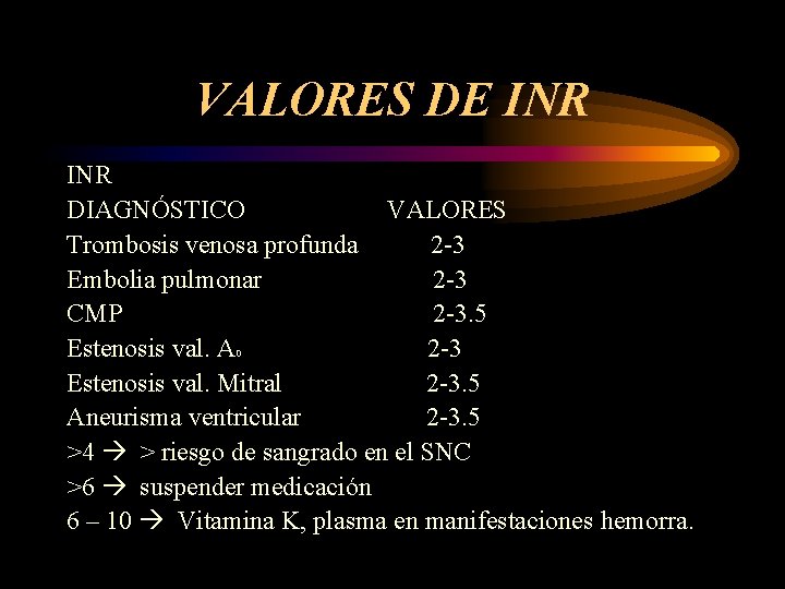 VALORES DE INR DIAGNÓSTICO VALORES Trombosis venosa profunda 2 -3 Embolia pulmonar 2 -3