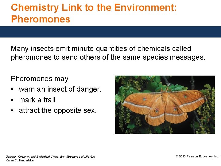 Chemistry Link to the Environment: Pheromones Many insects emit minute quantities of chemicals called