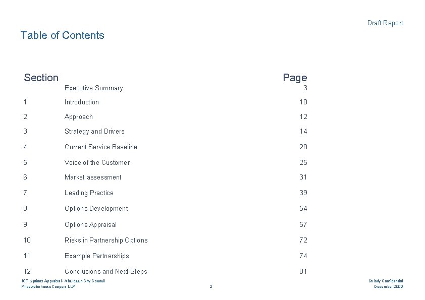 Draft Report Table of Contents Section Page Executive Summary 3 1 Introduction 10 2