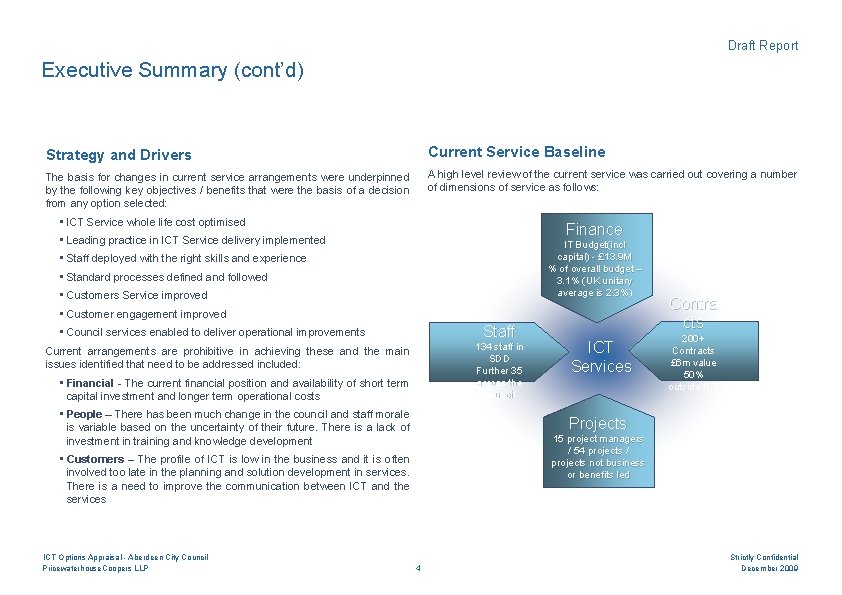 Draft Report Executive Summary (cont’d) Strategy and Drivers Current Service Baseline The basis for