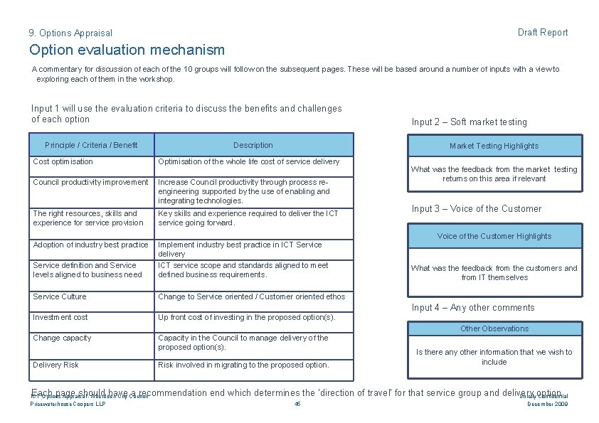 Draft Report 9. Options Appraisal Option evaluation mechanism A commentary for discussion of each