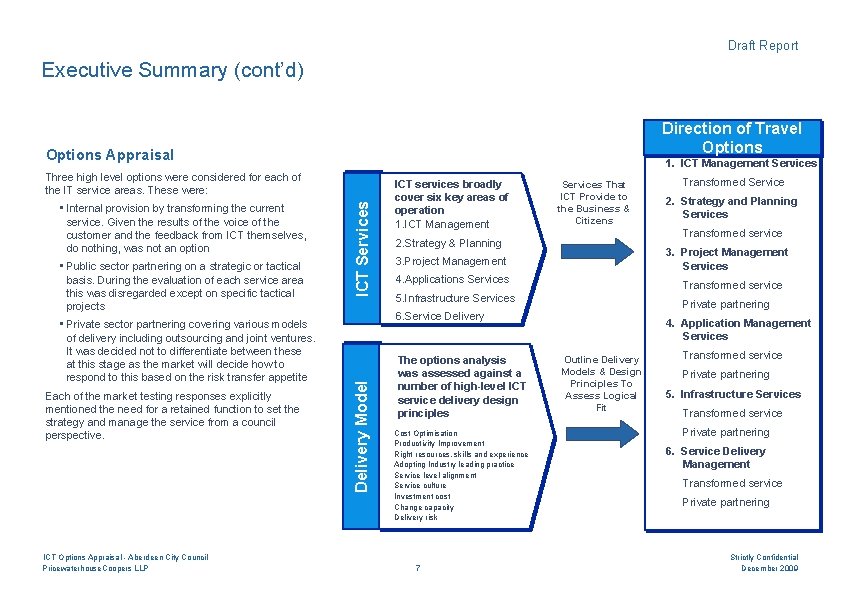 Draft Report Executive Summary (cont’d) Direction of Travel Options Appraisal 1. ICT Management Services