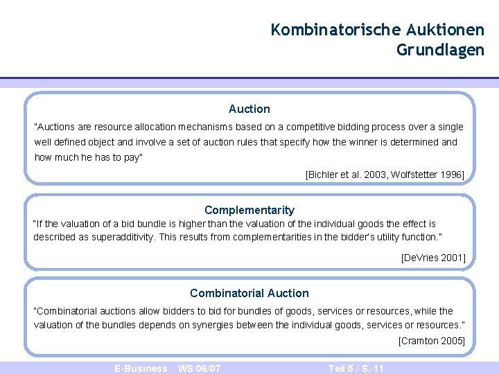 Kombinatorische Auktionen Grundlagen Auction “Auctions are resource allocation mechanisms based on a competitive bidding