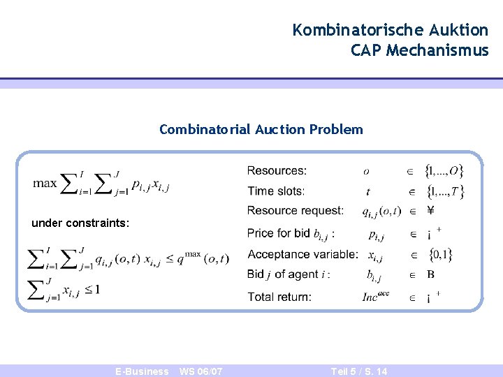Kombinatorische Auktion CAP Mechanismus Combinatorial Auction Problem under constraints: E-Business WS 06/07 Teil 5