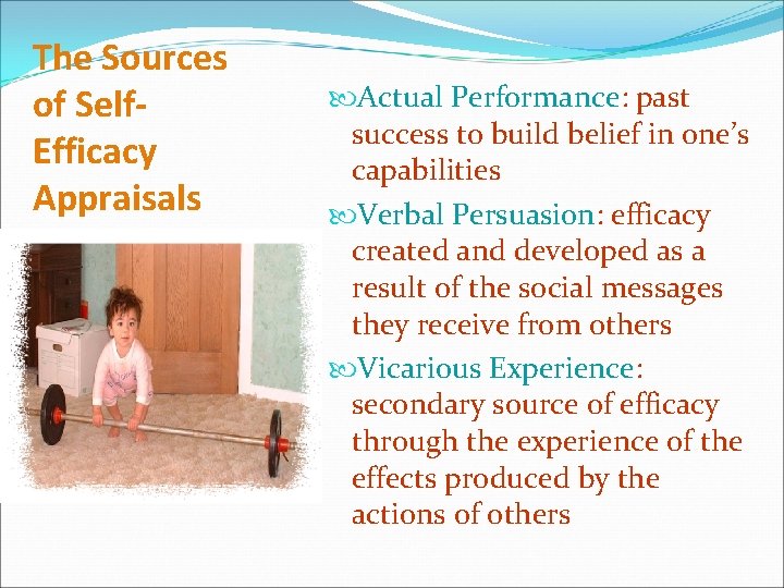 The Sources of Self. Efficacy Appraisals Actual Performance: past success to build belief in