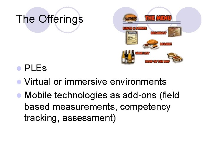 The Offerings l PLEs l Virtual or immersive environments l Mobile technologies as add-ons