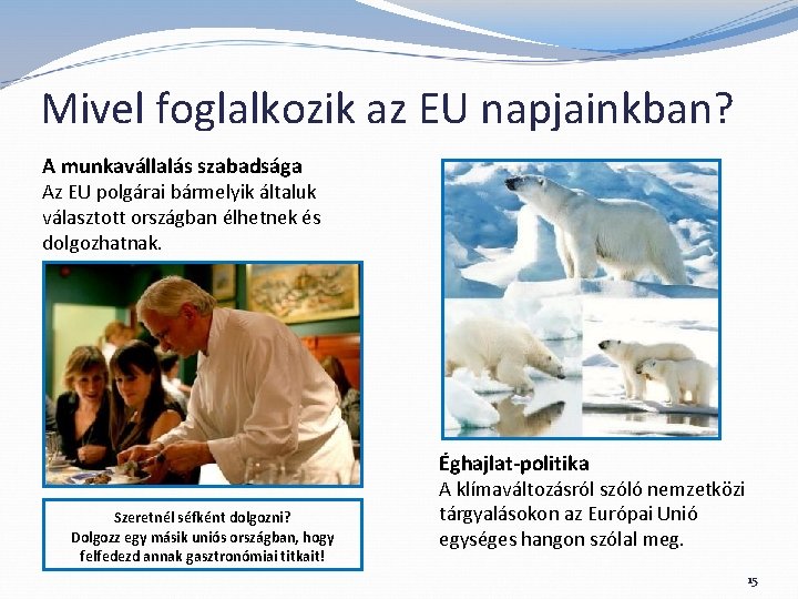 Mivel foglalkozik az EU napjainkban? A munkavállalás szabadsága Az EU polgárai bármelyik általuk választott