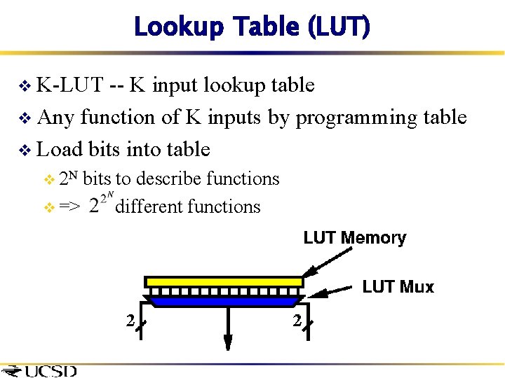 Lookup Table (LUT) v K-LUT -- K input lookup table v Any function of
