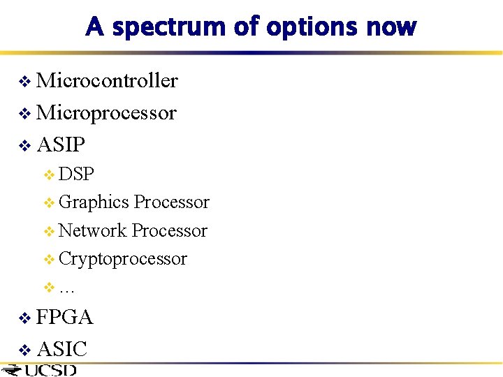 A spectrum of options now v Microcontroller v Microprocessor v ASIP v DSP v