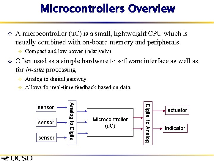 Microcontrollers Overview v A microcontroller (u. C) is a small, lightweight CPU which is