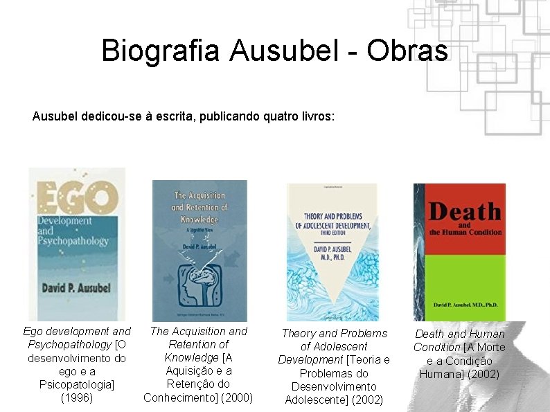 Biografia Ausubel - Obras Ausubel dedicou-se à escrita, publicando quatro livros: Ego development and