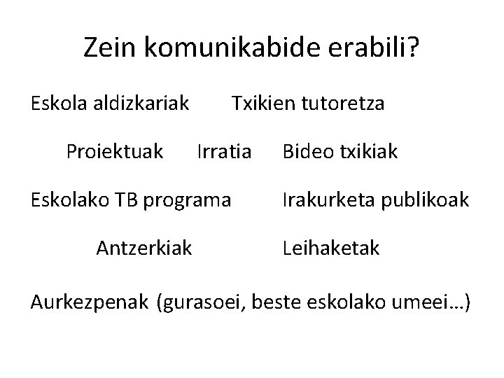 Zein komunikabide erabili? Eskola aldizkariak Proiektuak Txikien tutoretza Irratia Eskolako TB programa Antzerkiak Bideo