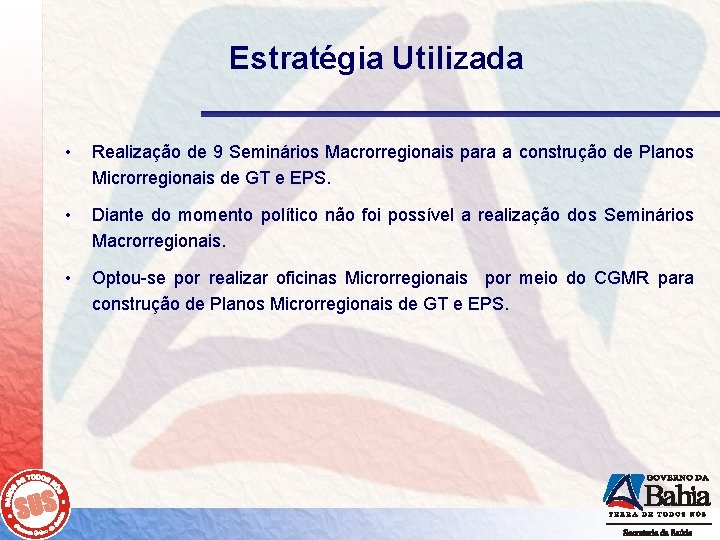 Estratégia Utilizada • Realização de 9 Seminários Macrorregionais para a construção de Planos Microrregionais