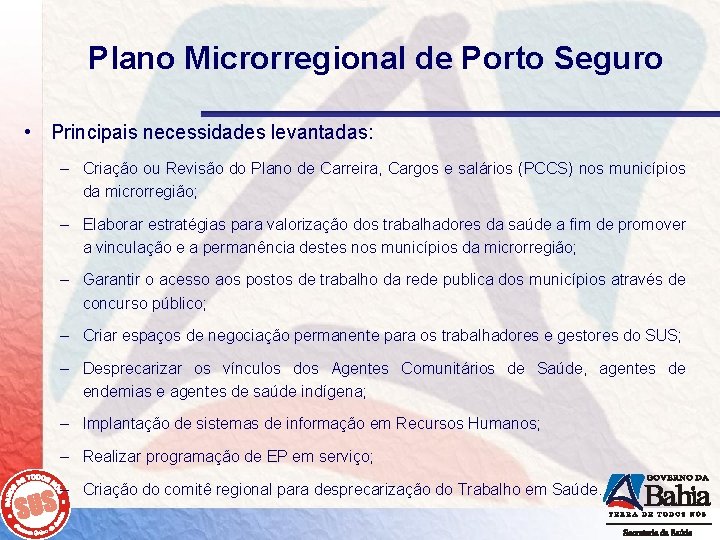 Plano Microrregional de Porto Seguro • Principais necessidades levantadas: – Criação ou Revisão do