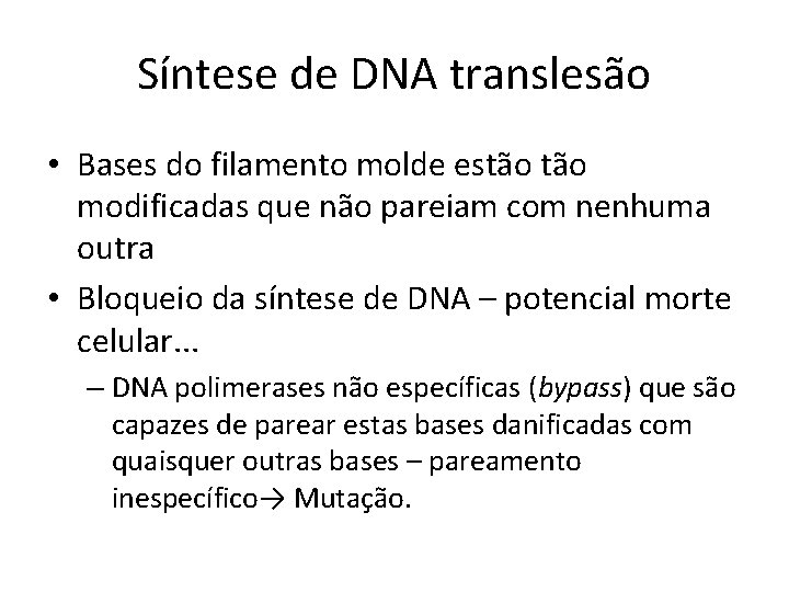 Síntese de DNA translesão • Bases do filamento molde estão modificadas que não pareiam