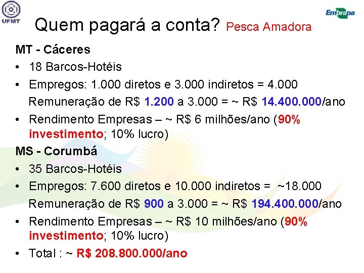 Quem pagará a conta? Pesca Amadora MT - Cáceres • 18 Barcos-Hotéis • Empregos: