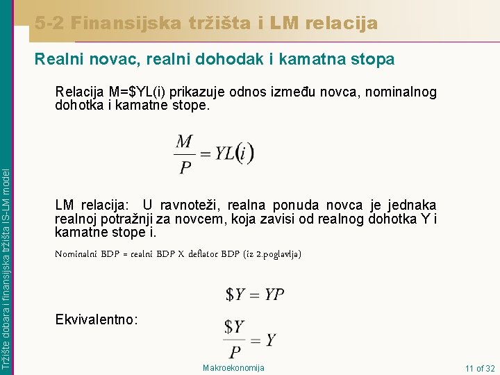 5 -2 Finansijska tržišta i LM relacija Realni novac, realni dohodak i kamatna stopa