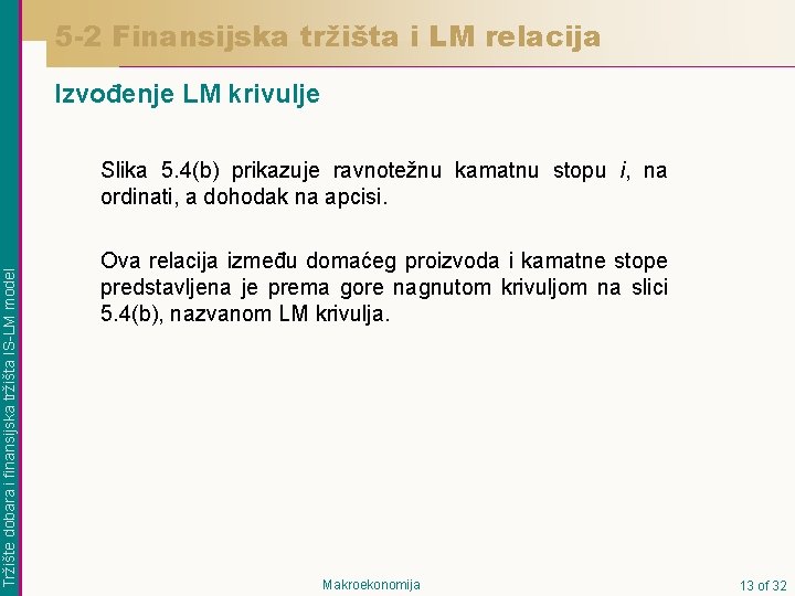 5 -2 Finansijska tržišta i LM relacija Izvođenje LM krivulje Tržište dobara i finansijska