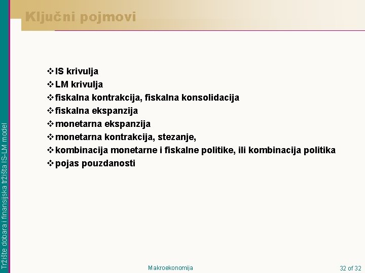 Tržište dobara i finansijska tržišta IS-LM model Ključni pojmovi v IS krivulja v LM