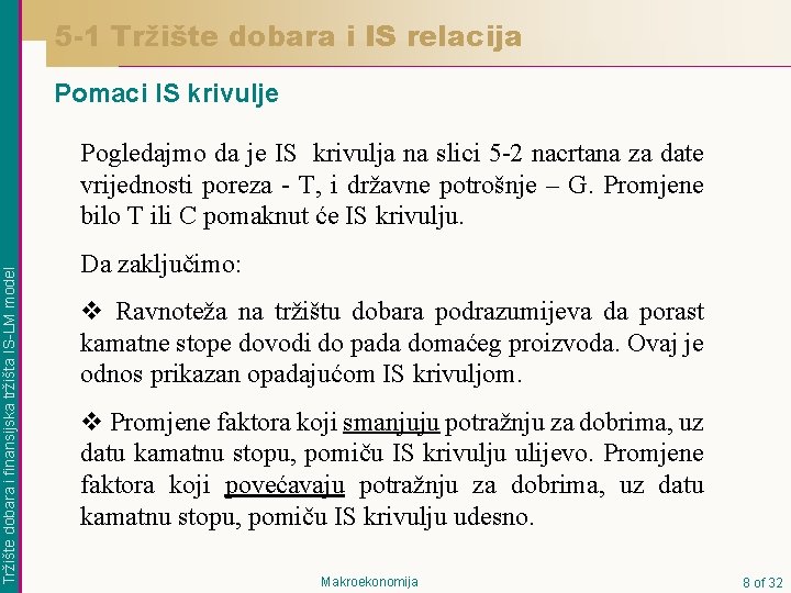 5 -1 Tržište dobara i IS relacija Pomaci IS krivulje Tržište dobara i finansijska